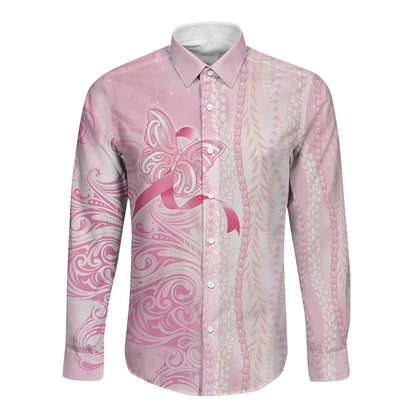 Hawaii Breast Cancer Support Long Sleeve Button Shirt Maile Pikake Lokelani Crown Flower Lei Inspired