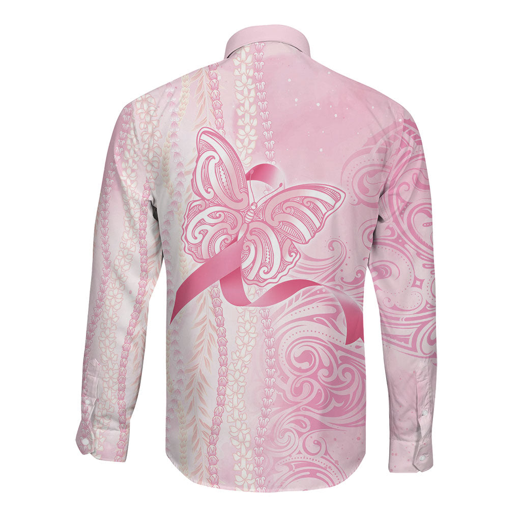 Hawaii Breast Cancer Support Long Sleeve Button Shirt Maile Pikake Lokelani Crown Flower Lei Inspired
