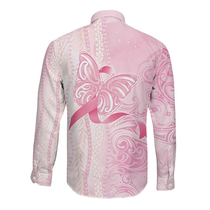 Hawaii Breast Cancer Support Long Sleeve Button Shirt Maile Pikake Lokelani Crown Flower Lei Inspired