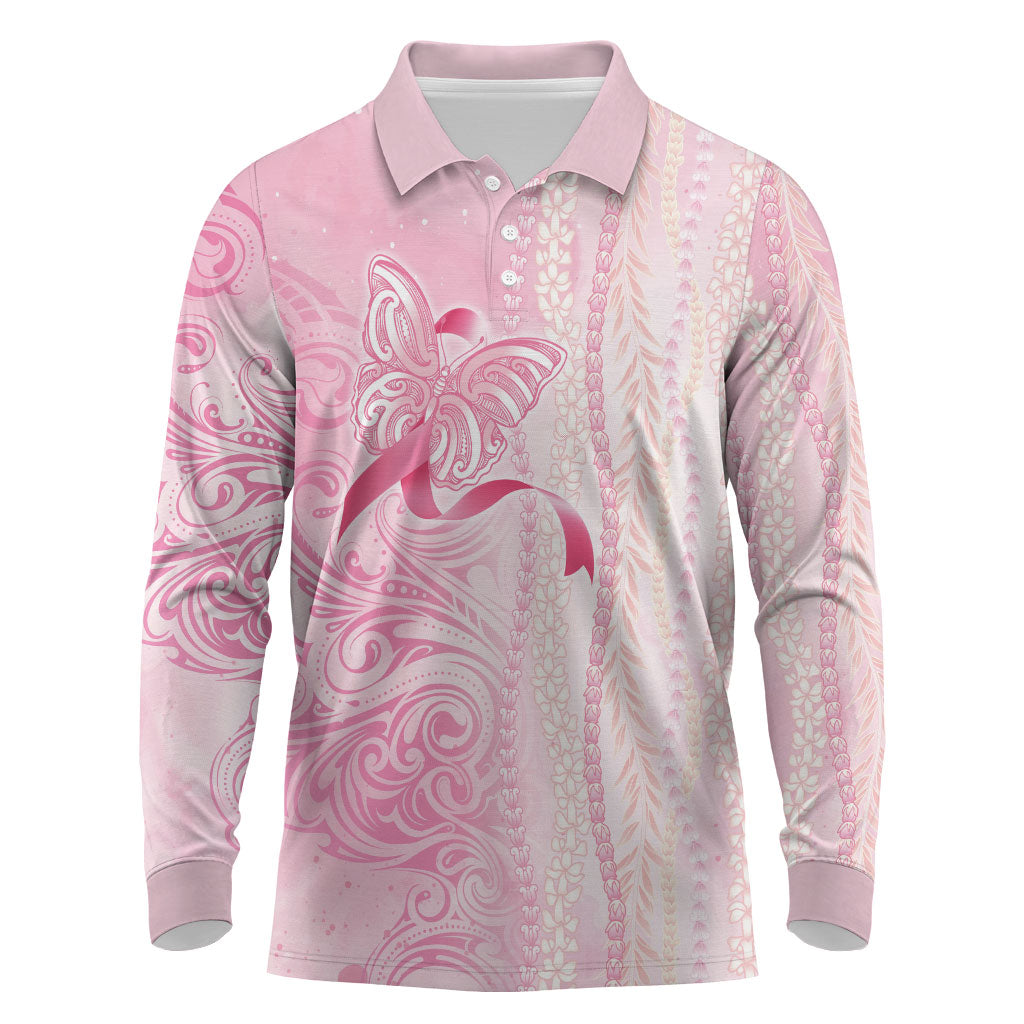 Hawaii Breast Cancer Support Long Sleeve Polo Shirt Maile Pikake Lokelani Crown Flower Lei Inspired