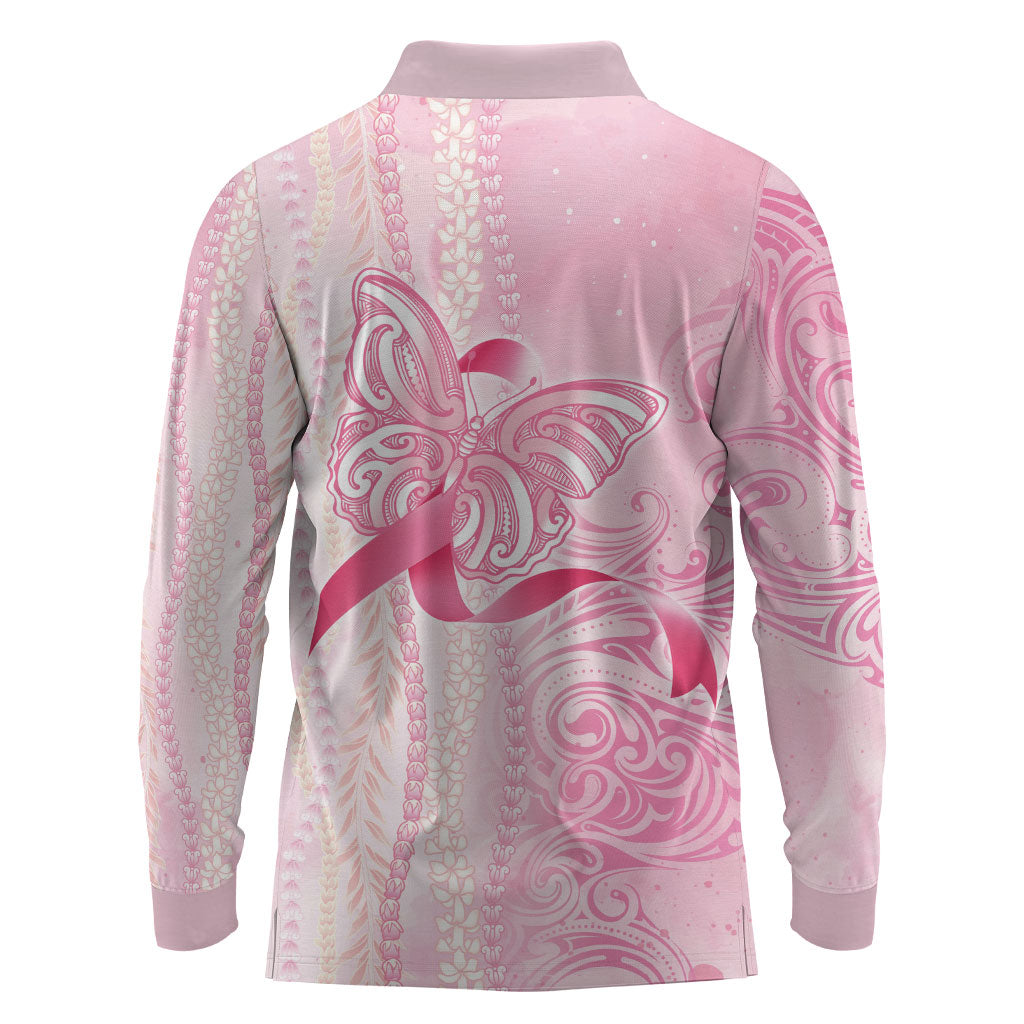 Hawaii Breast Cancer Support Long Sleeve Polo Shirt Maile Pikake Lokelani Crown Flower Lei Inspired