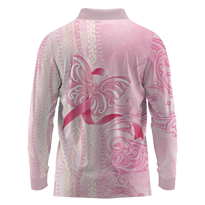 Hawaii Breast Cancer Support Long Sleeve Polo Shirt Maile Pikake Lokelani Crown Flower Lei Inspired
