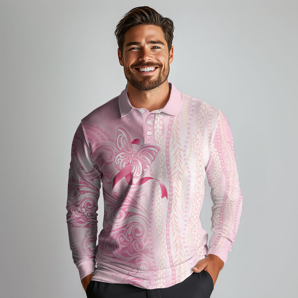 Hawaii Breast Cancer Support Long Sleeve Polo Shirt Maile Pikake Lokelani Crown Flower Lei Inspired