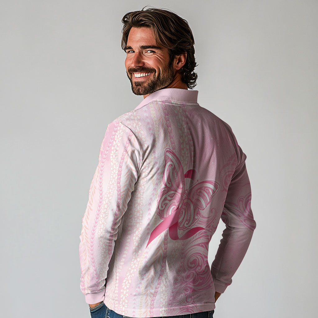 Hawaii Breast Cancer Support Long Sleeve Polo Shirt Maile Pikake Lokelani Crown Flower Lei Inspired