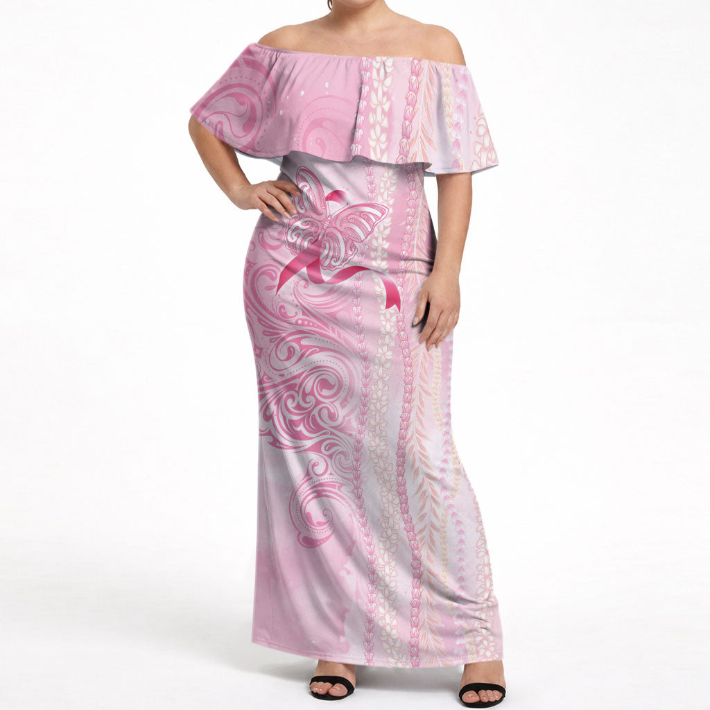 Hawaii Breast Cancer Support Off Shoulder Maxi Dress Maile Pikake Lokelani Crown Flower Lei Inspired