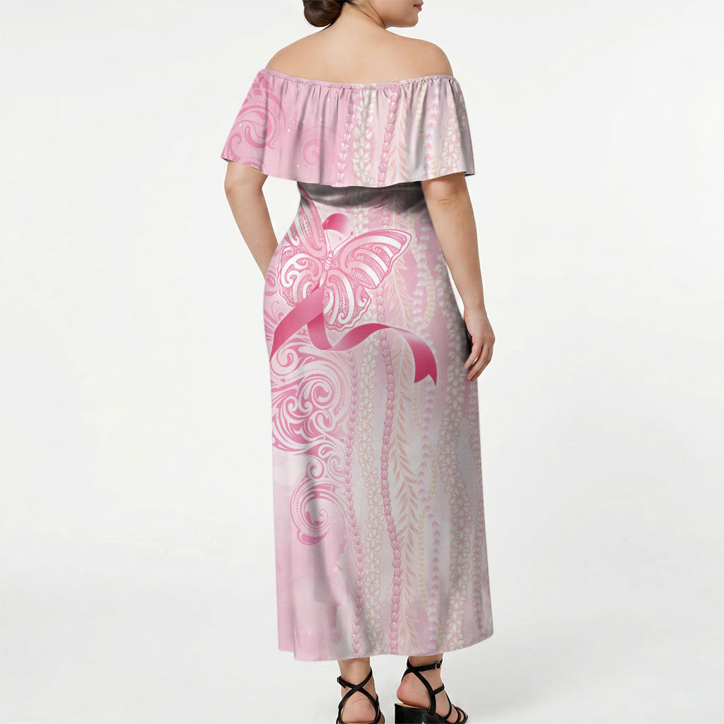 Hawaii Breast Cancer Support Off Shoulder Maxi Dress Maile Pikake Lokelani Crown Flower Lei Inspired