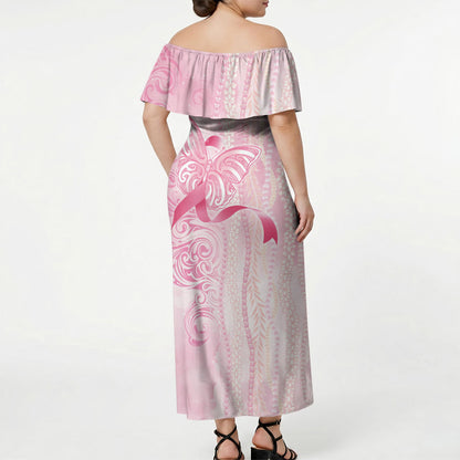Hawaii Breast Cancer Support Off Shoulder Maxi Dress Maile Pikake Lokelani Crown Flower Lei Inspired