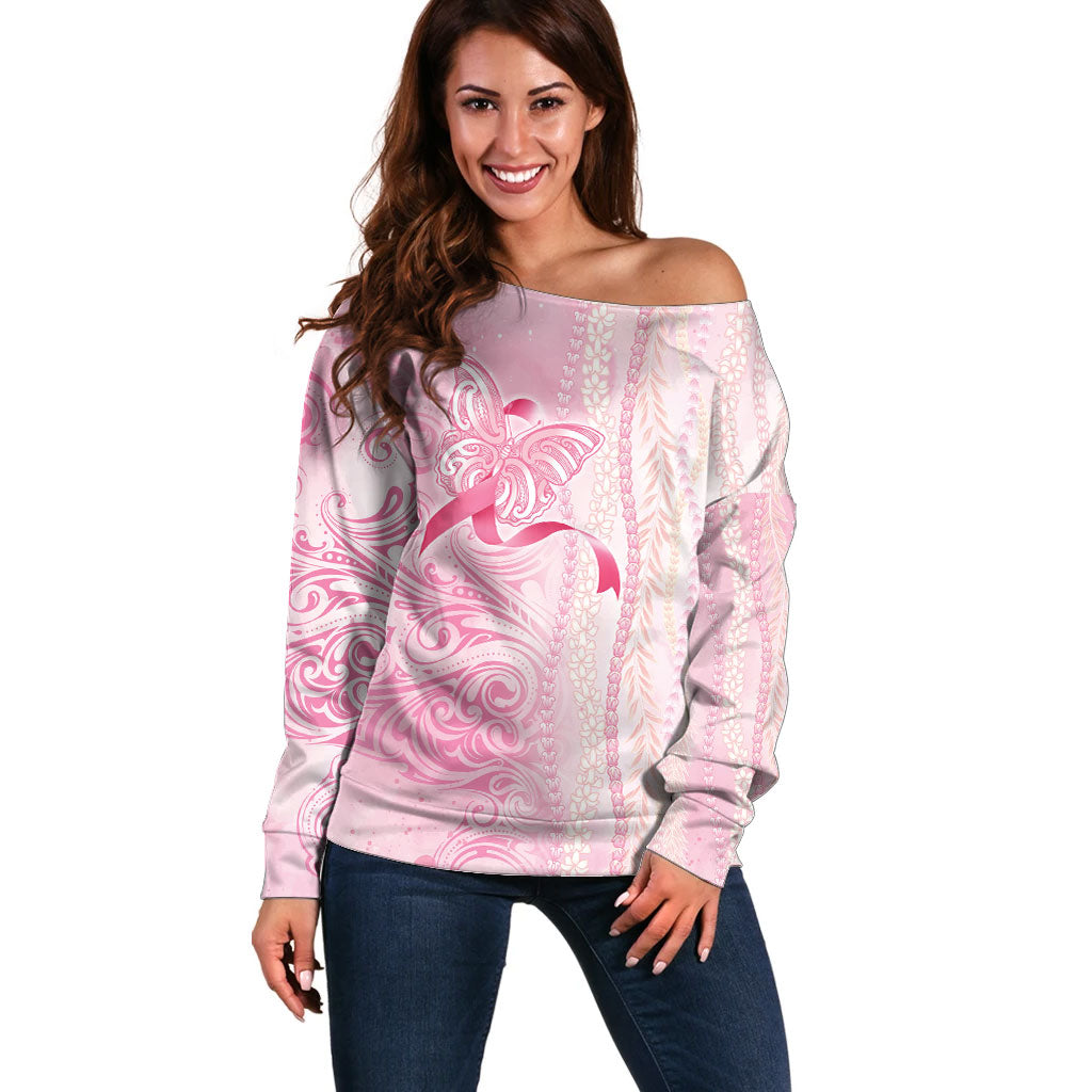 Hawaii Breast Cancer Support Off Shoulder Sweater Maile Pikake Lokelani Crown Flower Lei Inspired