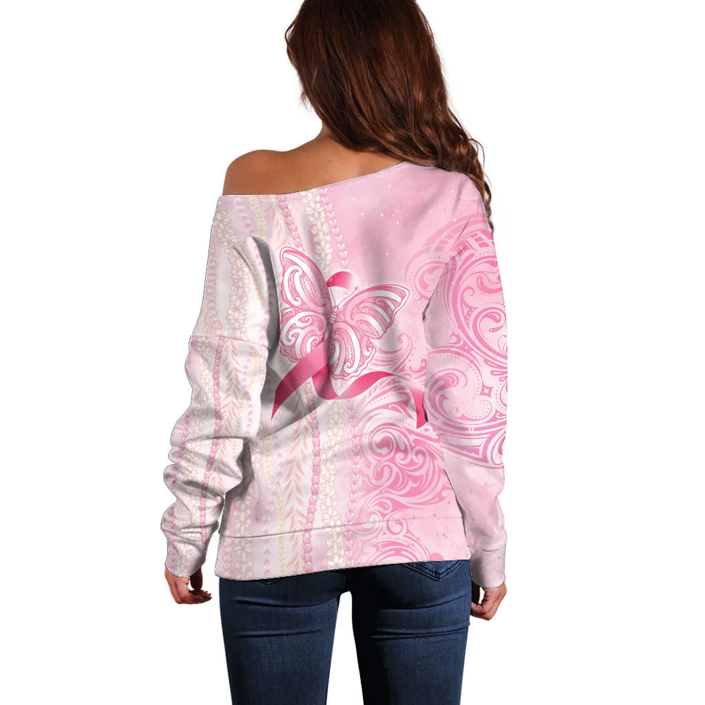 Hawaii Breast Cancer Support Off Shoulder Sweater Maile Pikake Lokelani Crown Flower Lei Inspired