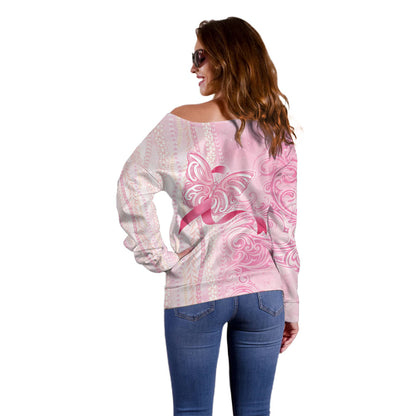 Hawaii Breast Cancer Support Off Shoulder Sweater Maile Pikake Lokelani Crown Flower Lei Inspired