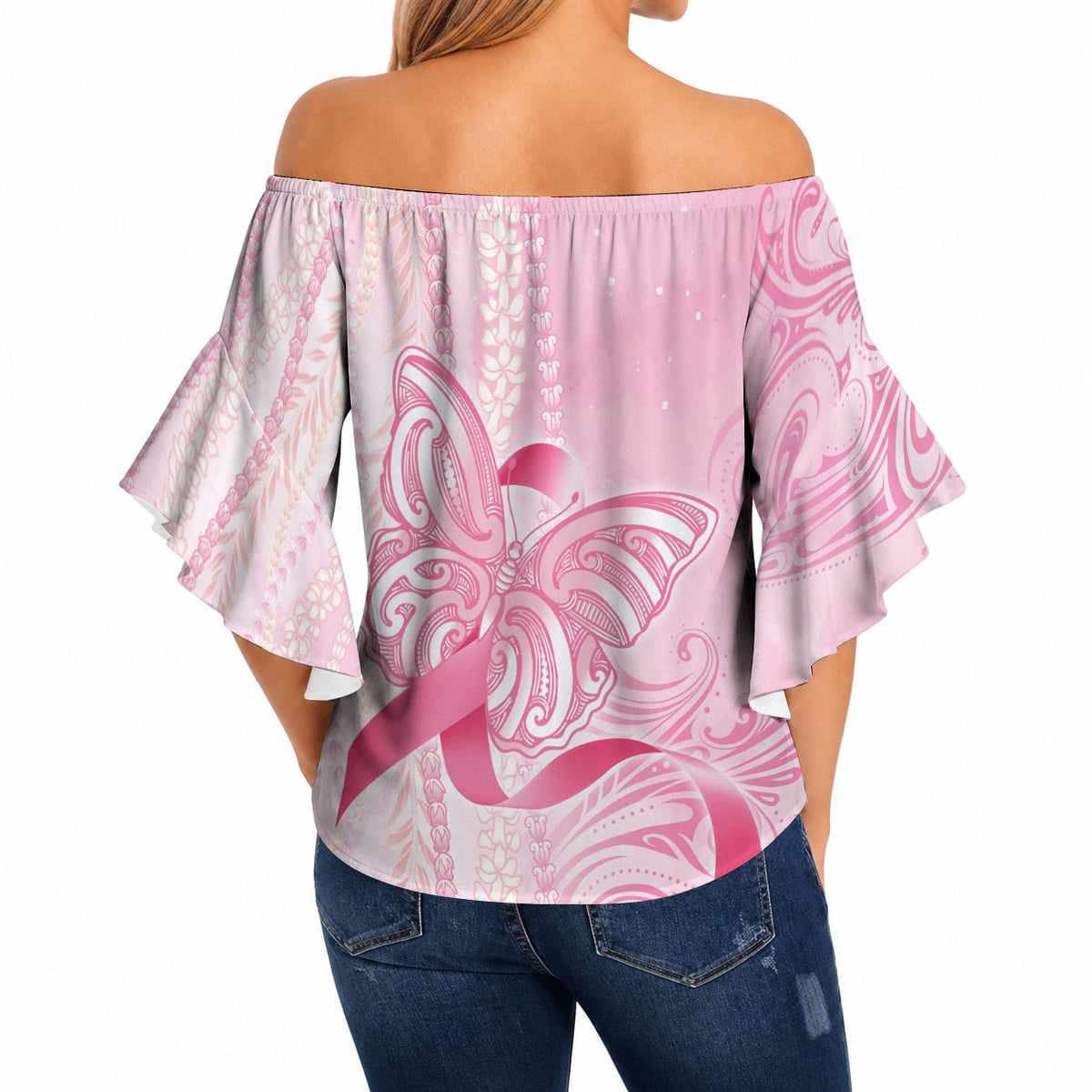 Hawaii Breast Cancer Support Off Shoulder Wrap Waist Top Maile Pikake Lokelani Crown Flower Lei Inspired