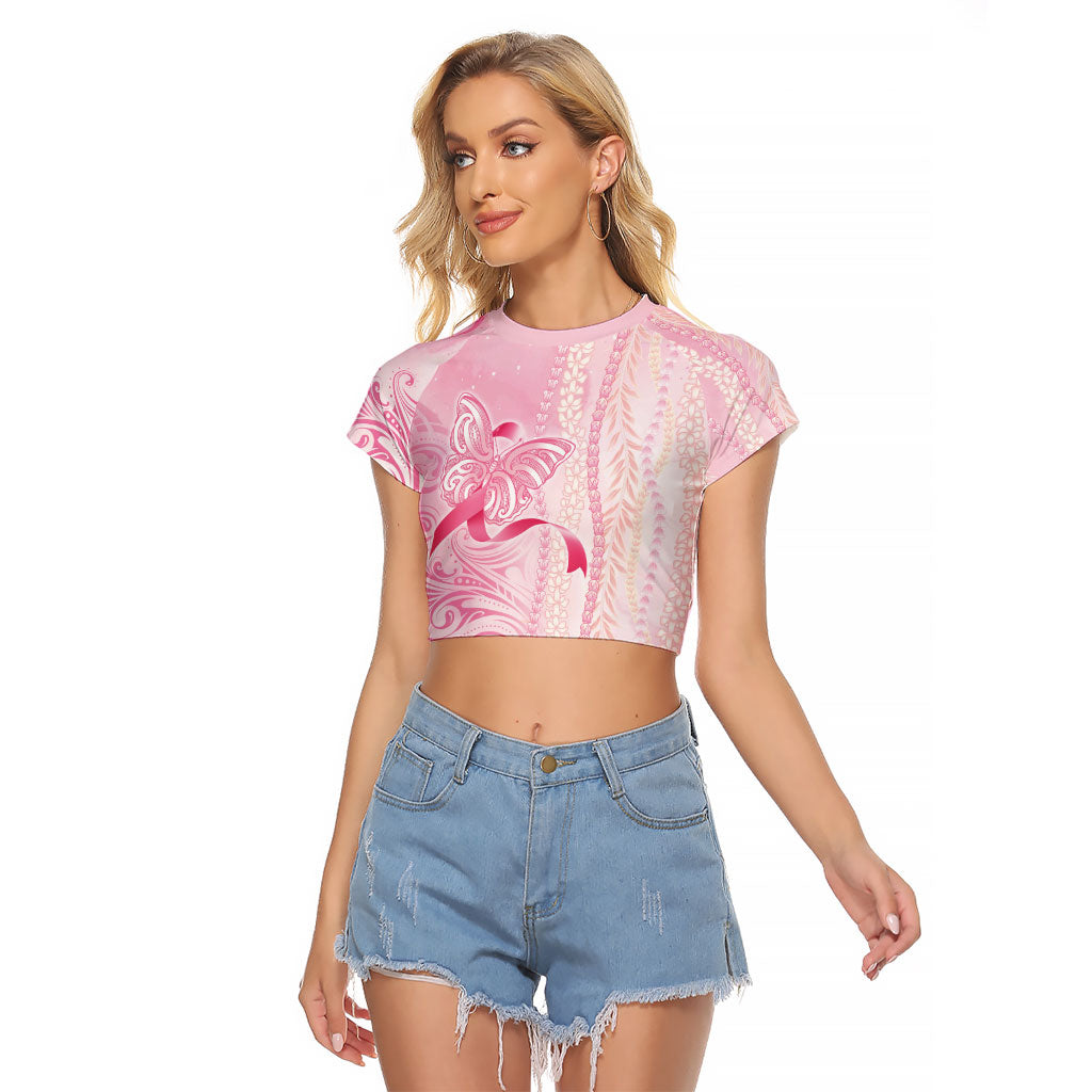 Hawaii Breast Cancer Support Raglan Cropped T Shirt Maile Pikake Lokelani Crown Flower Lei Inspired