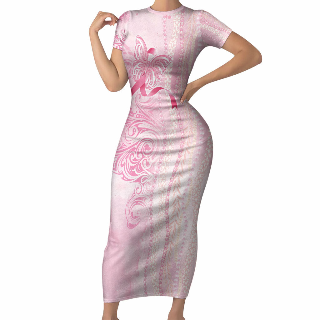 Hawaii Breast Cancer Support Short Sleeve Bodycon Dress Maile Pikake Lokelani Crown Flower Lei Inspired