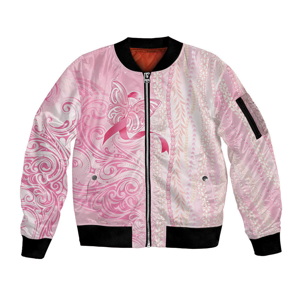 Hawaii Breast Cancer Support Sleeve Zip Bomber Jacket Maile Pikake Lokelani Crown Flower Lei Inspired