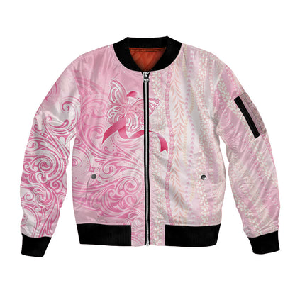 Hawaii Breast Cancer Support Sleeve Zip Bomber Jacket Maile Pikake Lokelani Crown Flower Lei Inspired