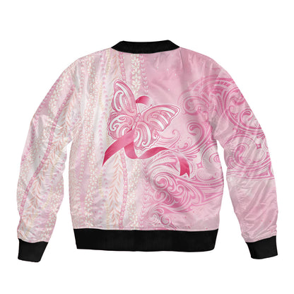 Hawaii Breast Cancer Support Sleeve Zip Bomber Jacket Maile Pikake Lokelani Crown Flower Lei Inspired