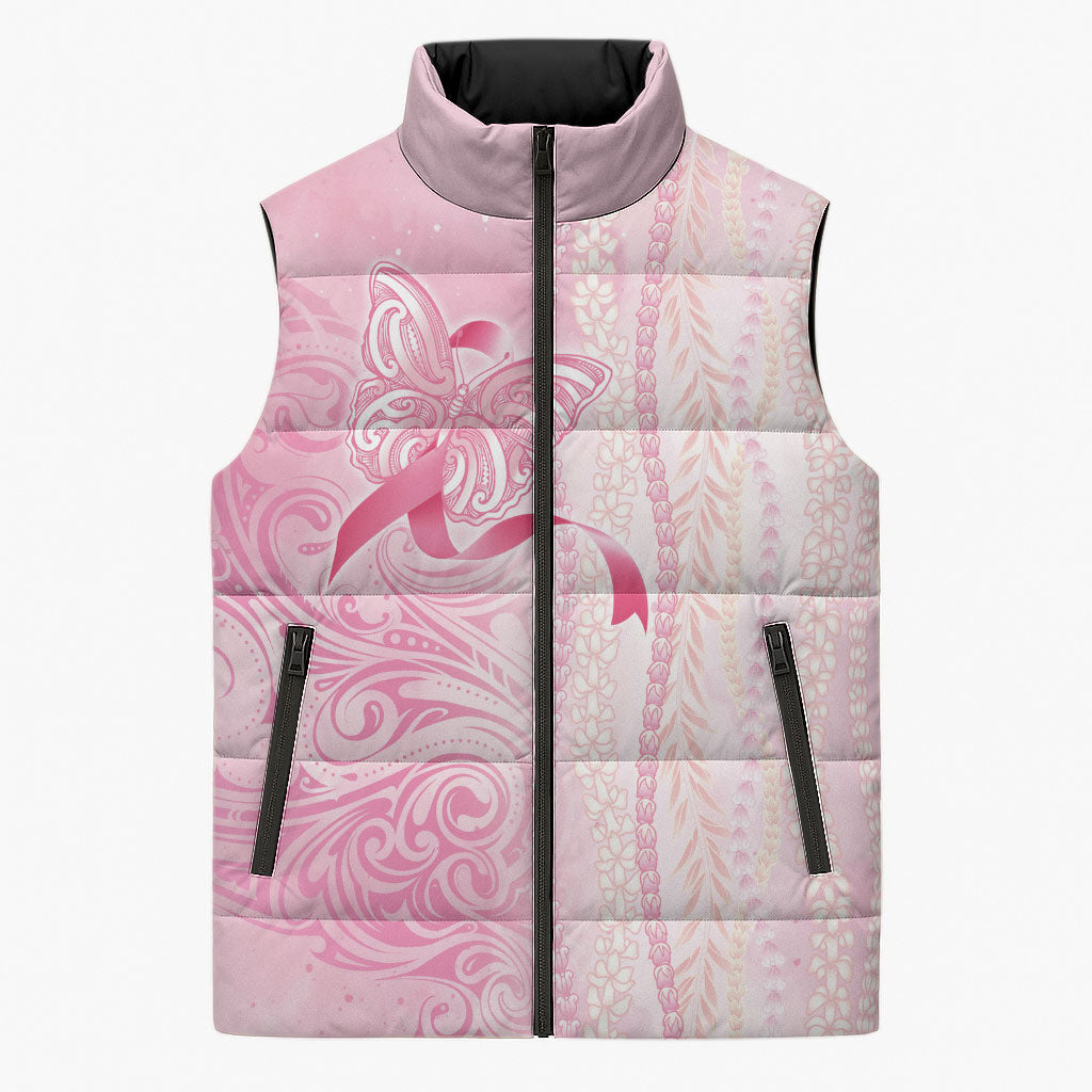 Hawaii Breast Cancer Support Sleeveless Puffer Jacket Maile Pikake Lokelani Crown Flower Lei Inspired