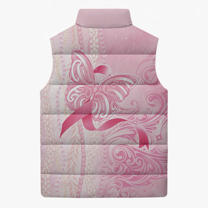 Hawaii Breast Cancer Support Sleeveless Puffer Jacket Maile Pikake Lokelani Crown Flower Lei Inspired