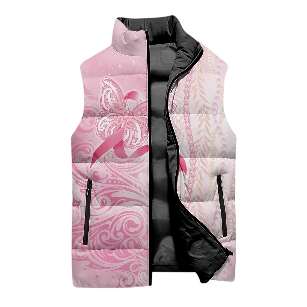 Hawaii Breast Cancer Support Sleeveless Puffer Jacket Maile Pikake Lokelani Crown Flower Lei Inspired