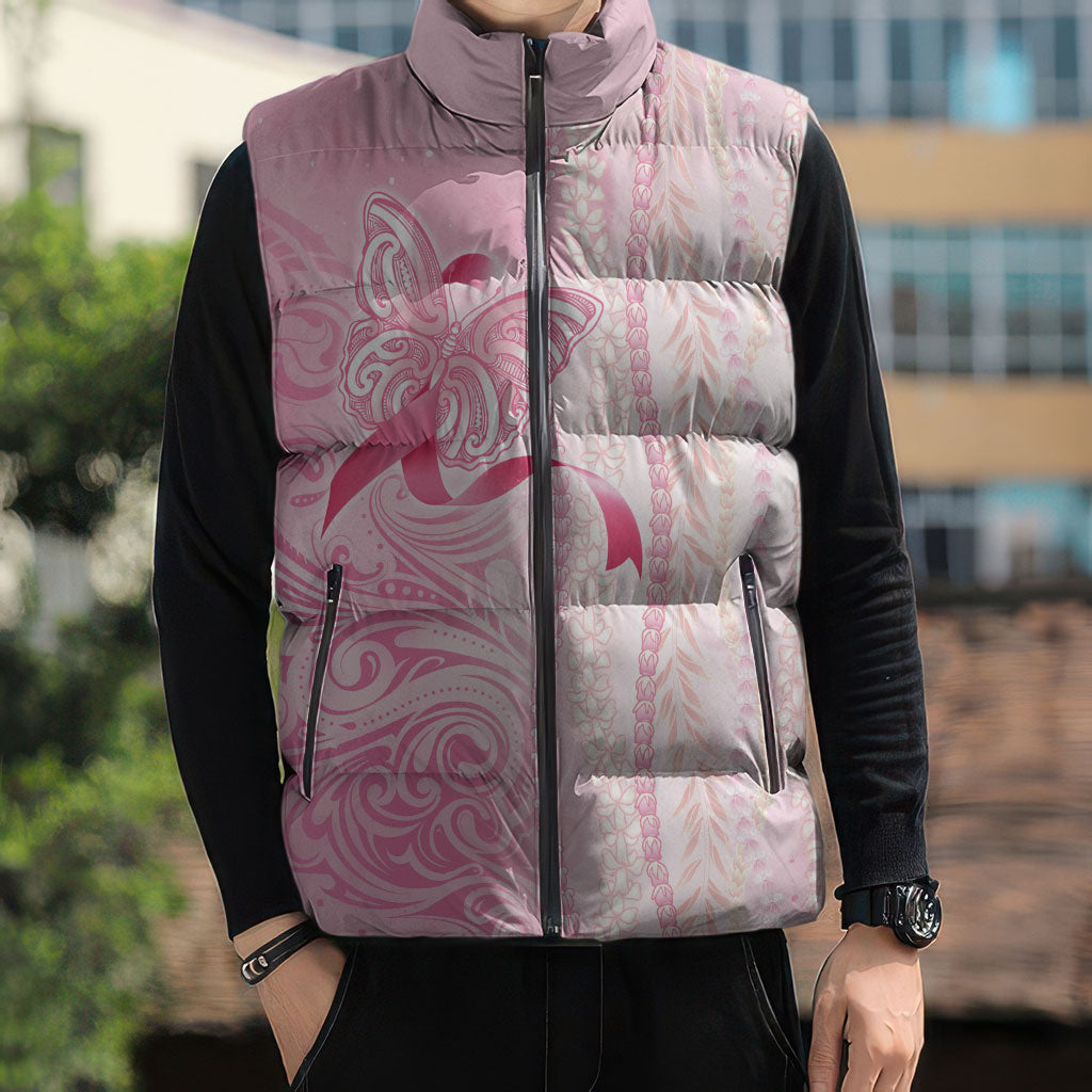 Hawaii Breast Cancer Support Sleeveless Puffer Jacket Maile Pikake Lokelani Crown Flower Lei Inspired