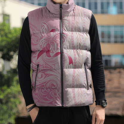 Hawaii Breast Cancer Support Sleeveless Puffer Jacket Maile Pikake Lokelani Crown Flower Lei Inspired