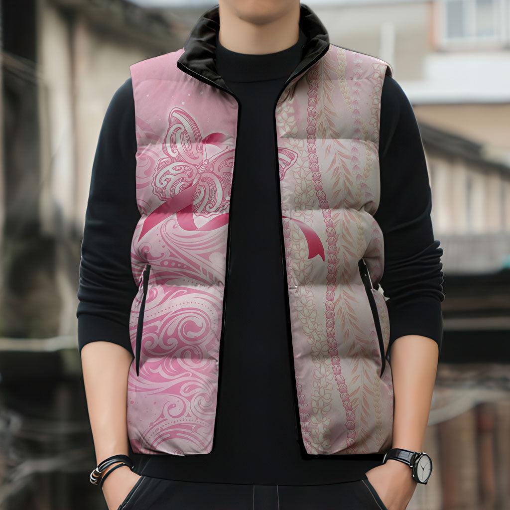 Hawaii Breast Cancer Support Sleeveless Puffer Jacket Maile Pikake Lokelani Crown Flower Lei Inspired