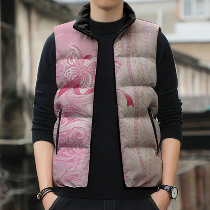 Hawaii Breast Cancer Support Sleeveless Puffer Jacket Maile Pikake Lokelani Crown Flower Lei Inspired