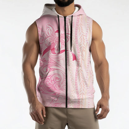 Hawaii Breast Cancer Support Sleeveless Zip Hoodie Maile Pikake Lokelani Crown Flower Lei Inspired