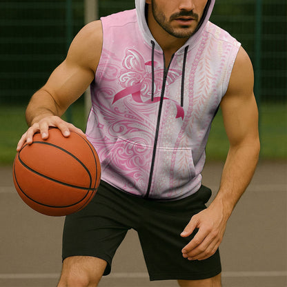 Hawaii Breast Cancer Support Sleeveless Zip Hoodie Maile Pikake Lokelani Crown Flower Lei Inspired