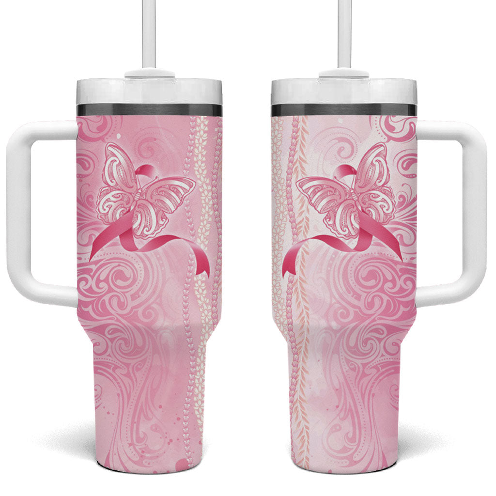 Hawaii Breast Cancer Support Tumbler With Handle Maile Pikake Lokelani Crown Flower Lei Inspired