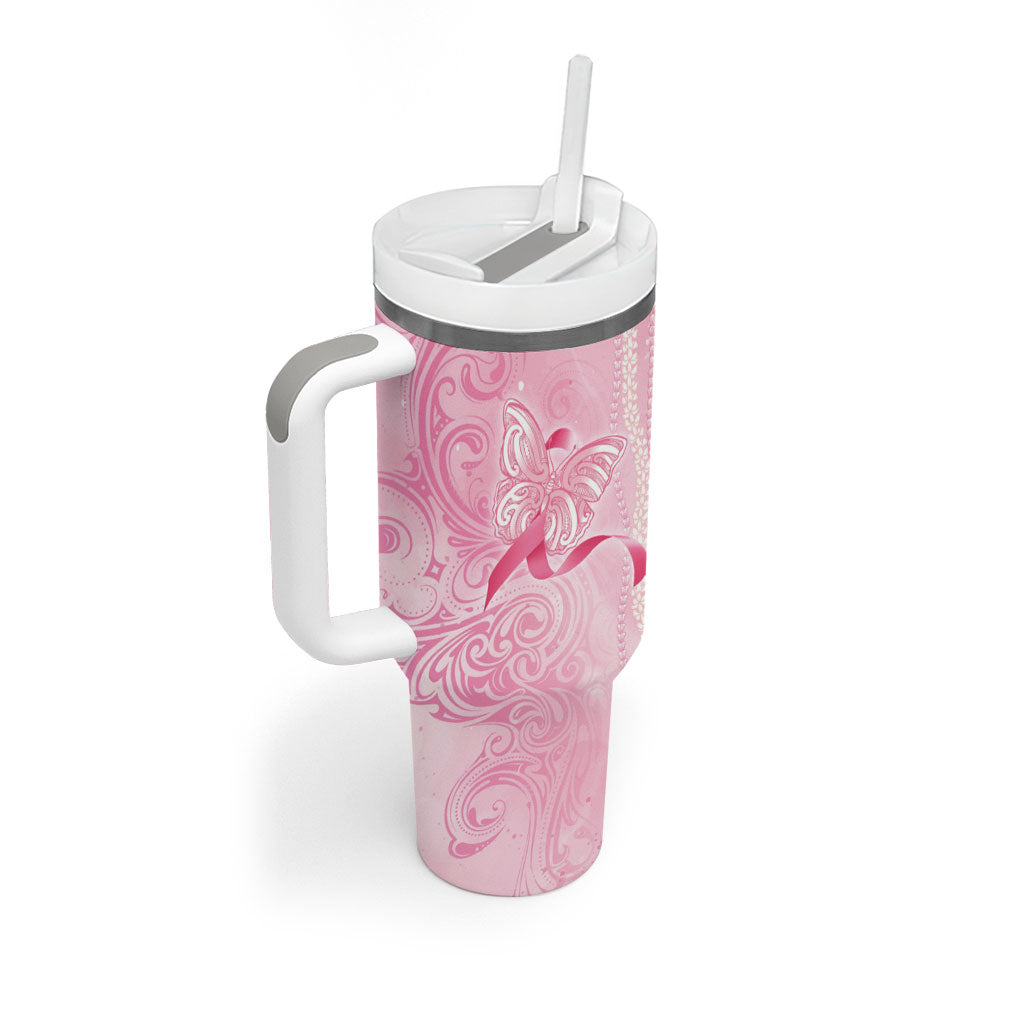 Hawaii Breast Cancer Support Tumbler With Handle Maile Pikake Lokelani Crown Flower Lei Inspired