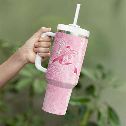 Hawaii Breast Cancer Support Tumbler With Handle Maile Pikake Lokelani Crown Flower Lei Inspired