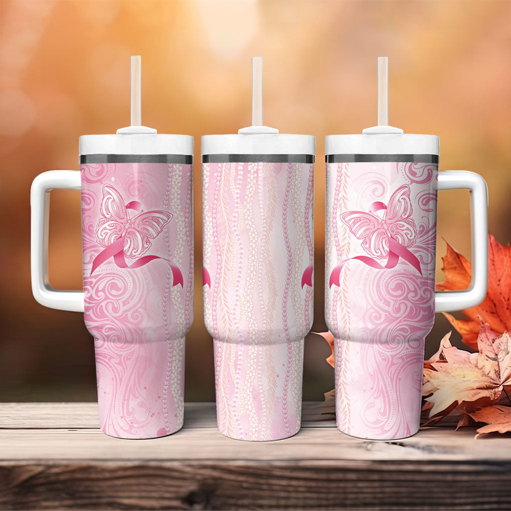 Hawaii Breast Cancer Support Tumbler With Handle Maile Pikake Lokelani Crown Flower Lei Inspired