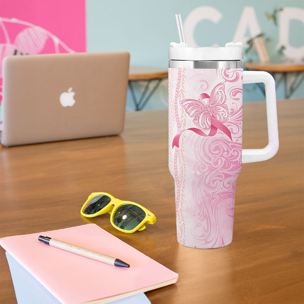 Hawaii Breast Cancer Support Tumbler With Handle Maile Pikake Lokelani Crown Flower Lei Inspired