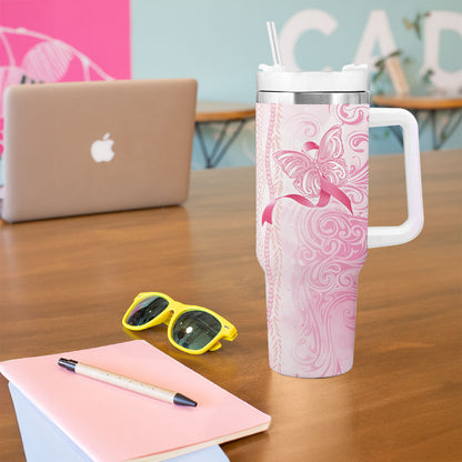 Hawaii Breast Cancer Support Tumbler With Handle Maile Pikake Lokelani Crown Flower Lei Inspired