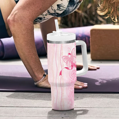 Hawaii Breast Cancer Support Tumbler With Handle Maile Pikake Lokelani Crown Flower Lei Inspired