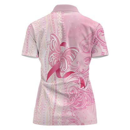 Hawaii Breast Cancer Support Women Polo Shirt Maile Pikake Lokelani Crown Flower Lei Inspired