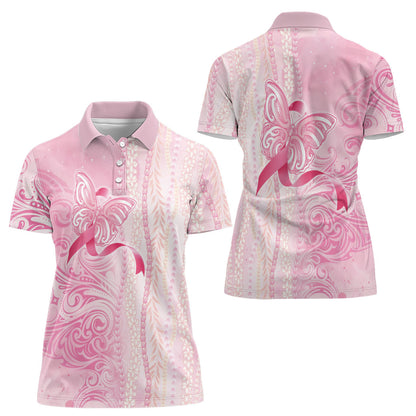 Hawaii Breast Cancer Support Women Polo Shirt Maile Pikake Lokelani Crown Flower Lei Inspired