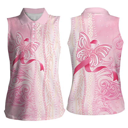 Hawaii Breast Cancer Support Women Sleeveless Polo Shirt Maile Pikake Lokelani Crown Flower Lei Inspired