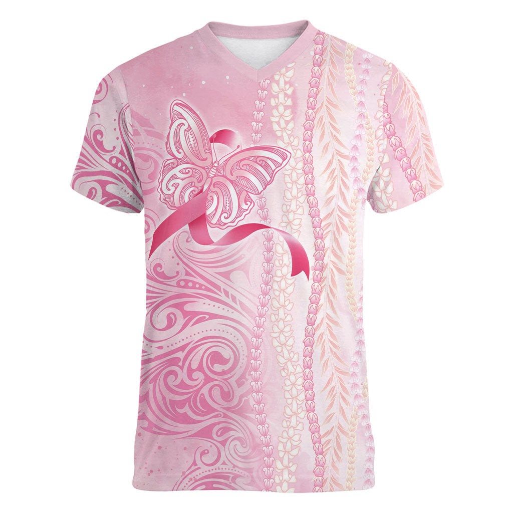 Hawaii Breast Cancer Support Women V-Neck T-Shirt Maile Pikake Lokelani Crown Flower Lei Inspired
