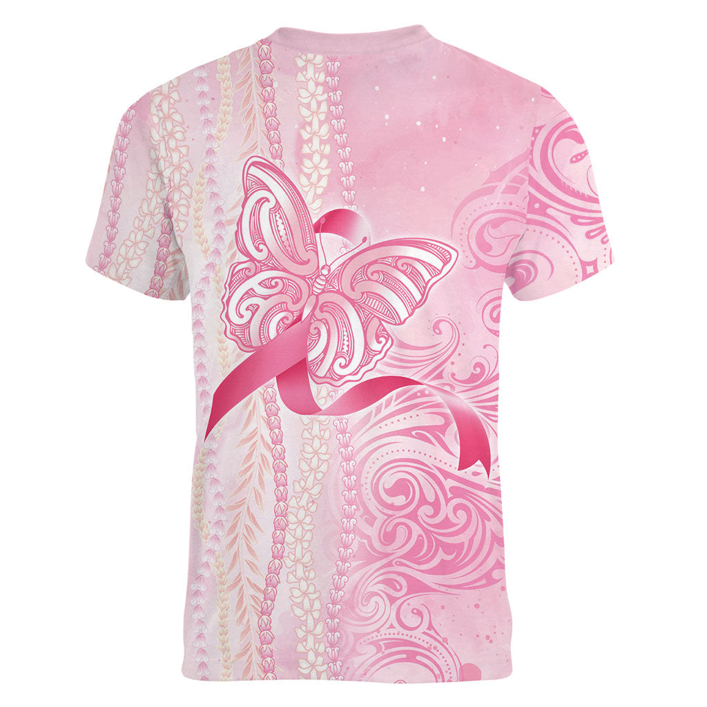 Hawaii Breast Cancer Support Women V-Neck T-Shirt Maile Pikake Lokelani Crown Flower Lei Inspired