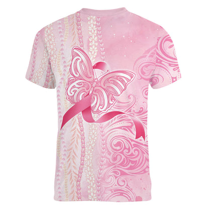 Hawaii Breast Cancer Support Women V-Neck T-Shirt Maile Pikake Lokelani Crown Flower Lei Inspired