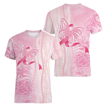 Hawaii Breast Cancer Support Women V-Neck T-Shirt Maile Pikake Lokelani Crown Flower Lei Inspired