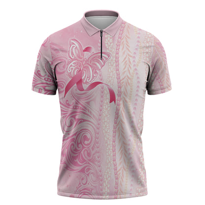 Hawaii Breast Cancer Support Zipper Polo Shirt Maile Pikake Lokelani Crown Flower Lei Inspired