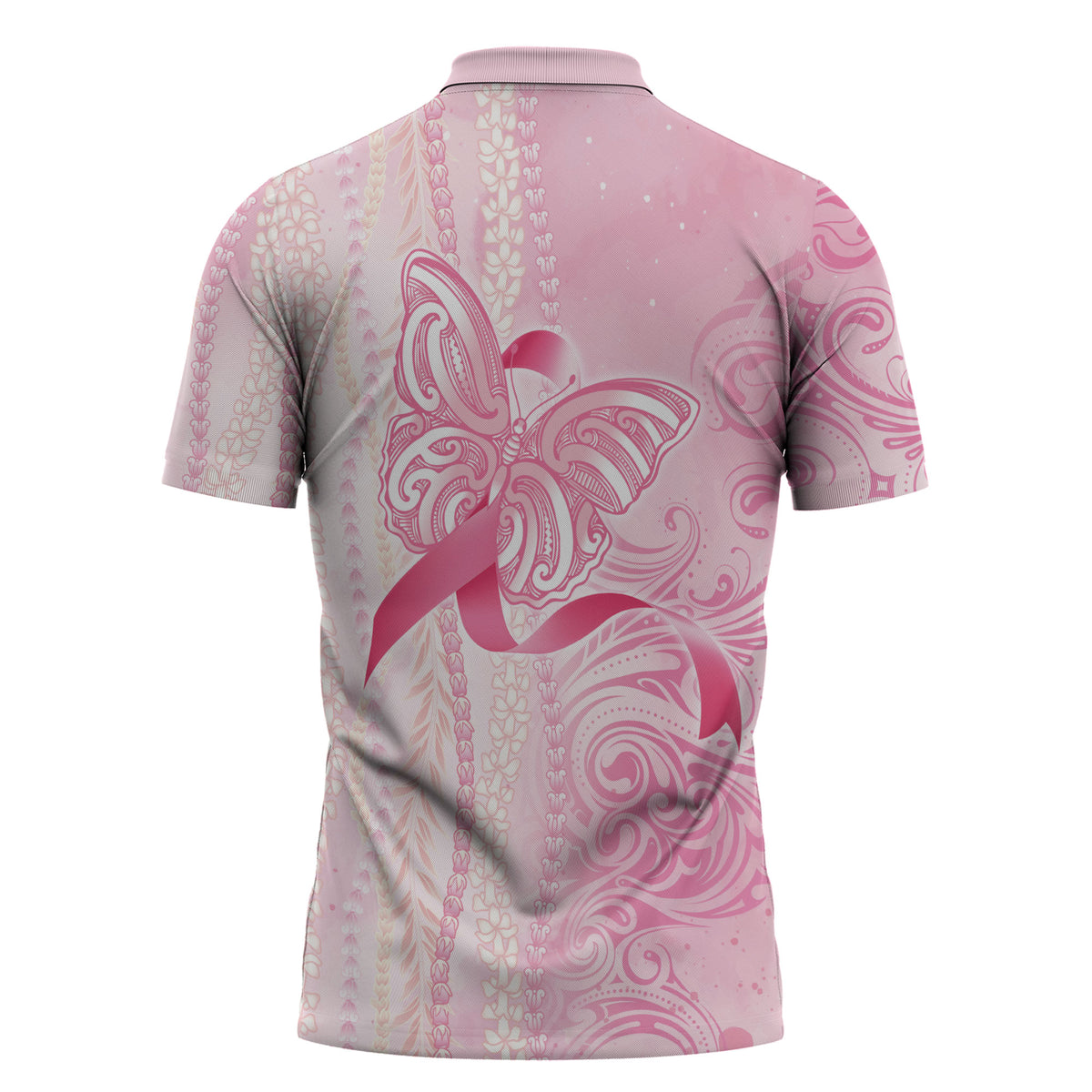 Hawaii Breast Cancer Support Zipper Polo Shirt Maile Pikake Lokelani Crown Flower Lei Inspired