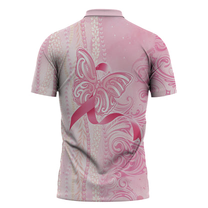 Hawaii Breast Cancer Support Zipper Polo Shirt Maile Pikake Lokelani Crown Flower Lei Inspired
