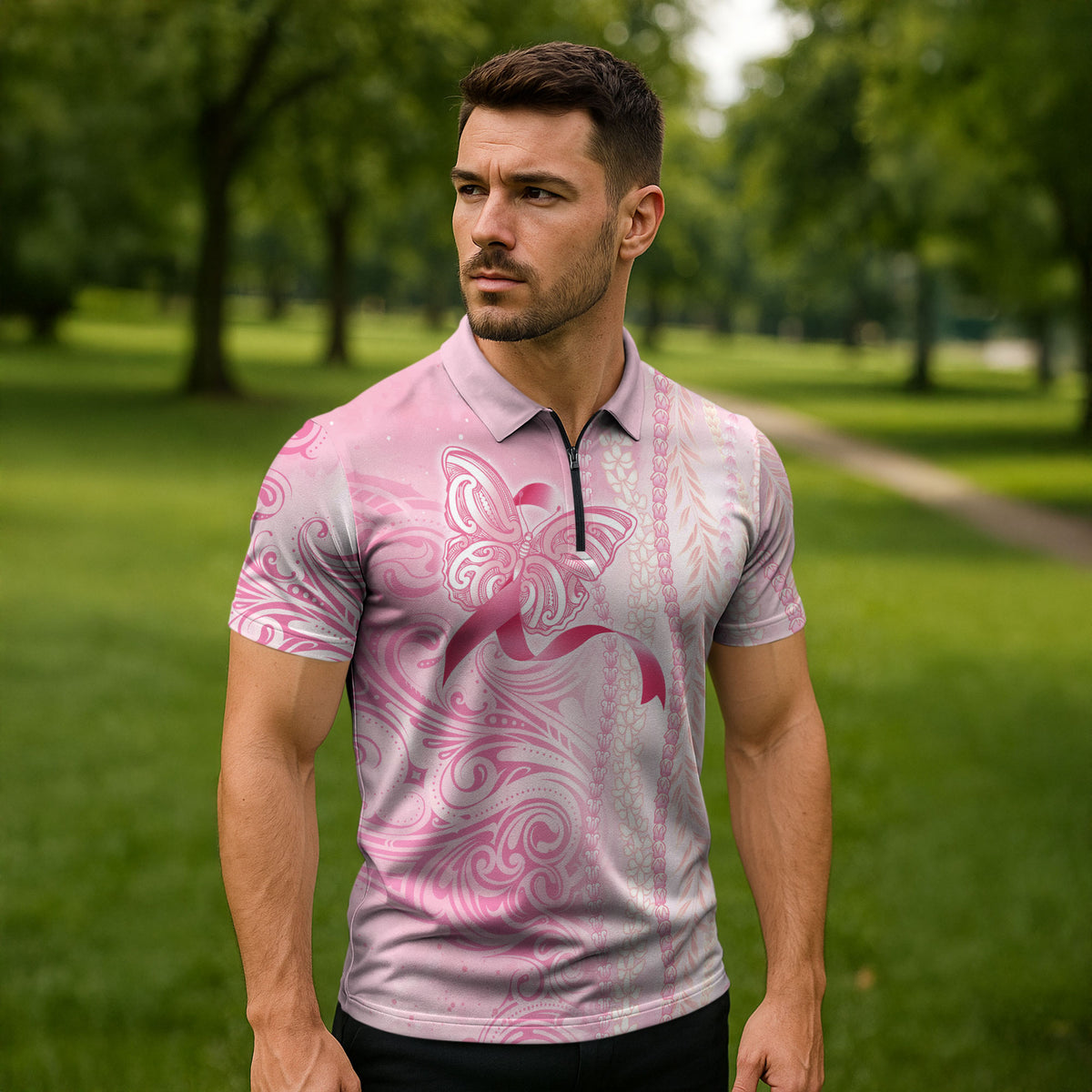 Hawaii Breast Cancer Support Zipper Polo Shirt Maile Pikake Lokelani Crown Flower Lei Inspired