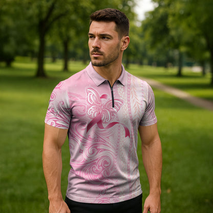 Hawaii Breast Cancer Support Zipper Polo Shirt Maile Pikake Lokelani Crown Flower Lei Inspired