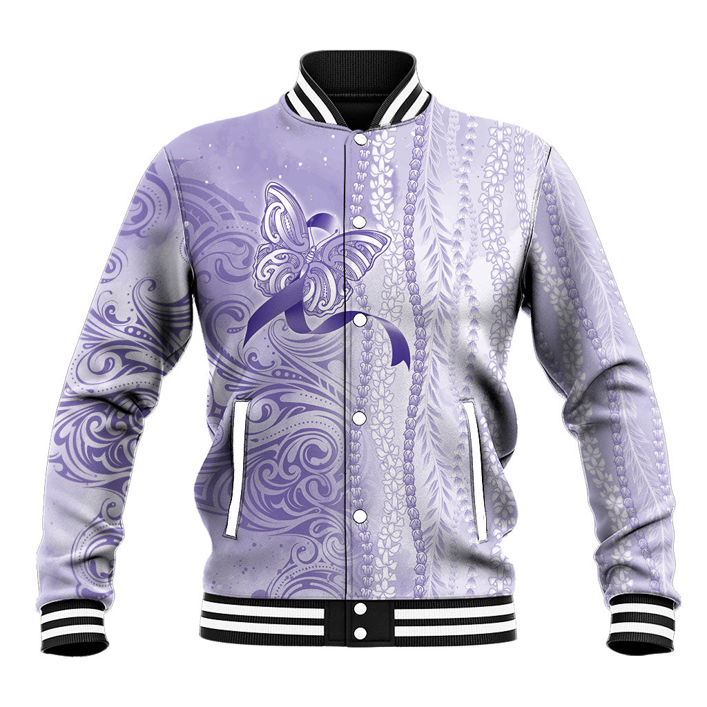 Hawaii Epilepsy Support Purple Ribbon Strength Baseball Jacket Maile Pikake Lokelani Crown Flower Lei Inspired