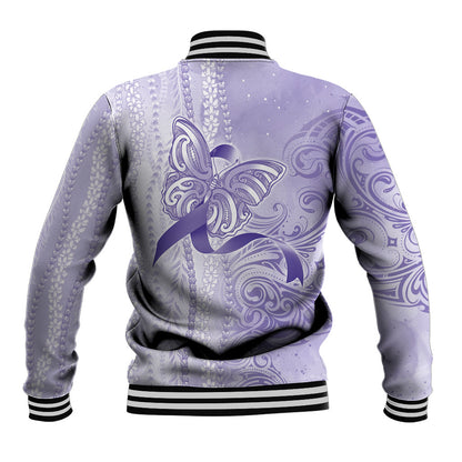 Hawaii Epilepsy Support Purple Ribbon Strength Baseball Jacket Maile Pikake Lokelani Crown Flower Lei Inspired